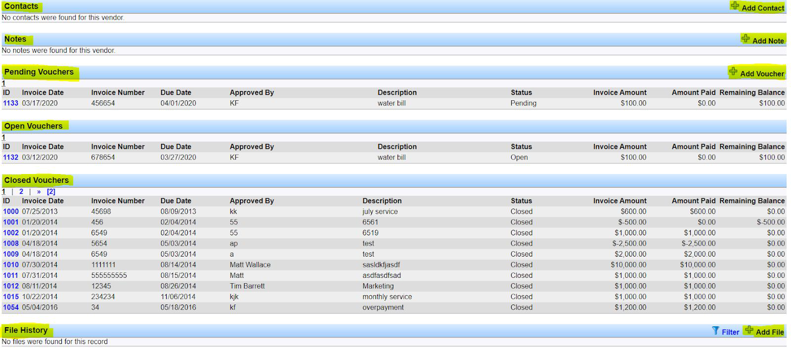 Vendor Summary sections for Contacts, Notes, Pending Vouchers, Open Vouchers, Closed Vouchers, and File History.