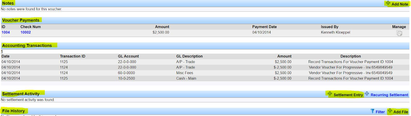 Voucher Summary sections for Notes, Voucher Payments, Accounting Transactions, Settlement Activity, and File History.