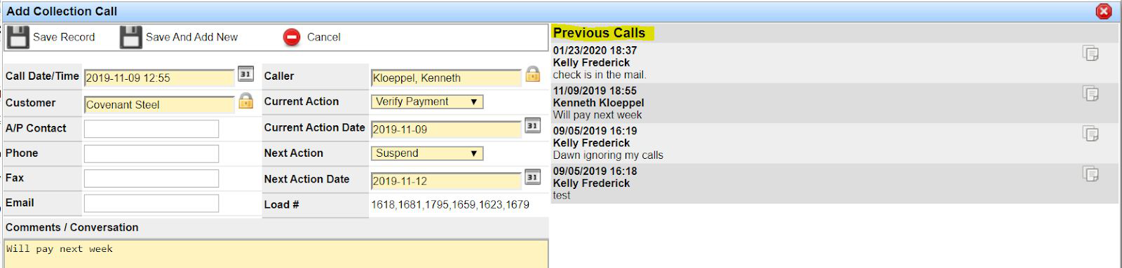 Add Collection Call window with call details, actions, load numbers, comments, and Previous Calls log.