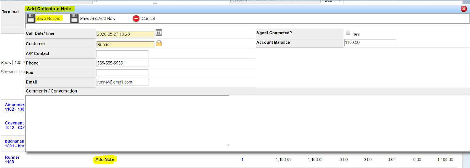 Add Collection Note window with call date/time, customer, contact fields, agent contacted checkbox, account balance, and comments.