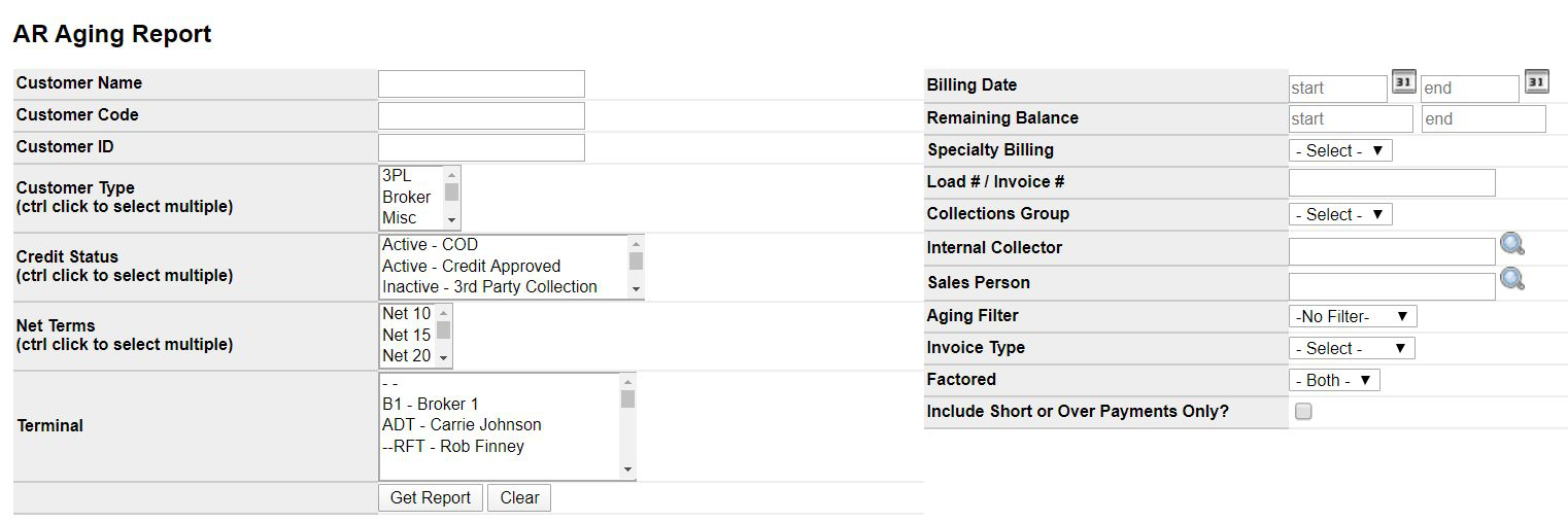 AR Aging Report filters for customer, credit status, terms, billing date, remaining balance, collector, aging filter, and Get Report.