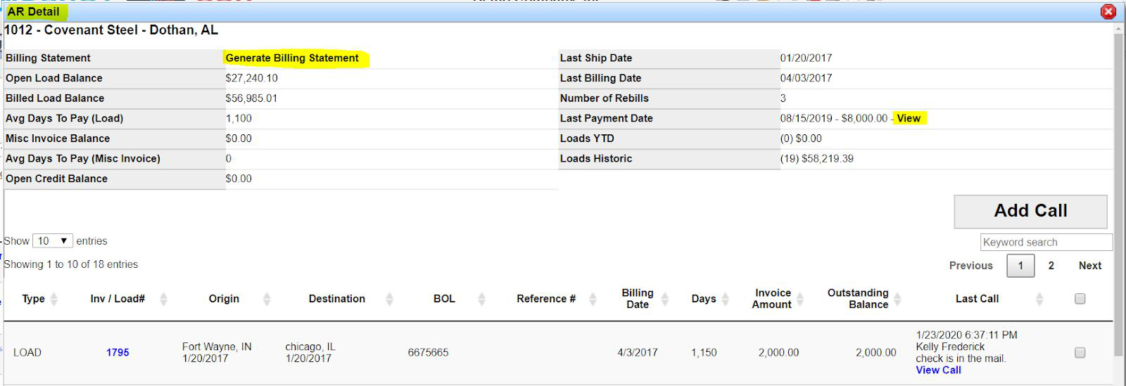AR Detail window showing customer balances, Generate Billing Statement, last payment View link, and open load list.