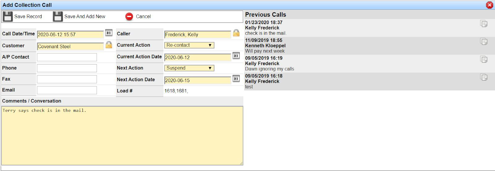 Add Collection Call form showing required yellow fields for call date, customer, caller, actions, load numbers, and comments.