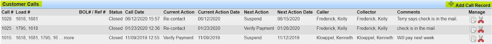 Customer Calls section on the customer record with Add Call Record and a history of collection calls.