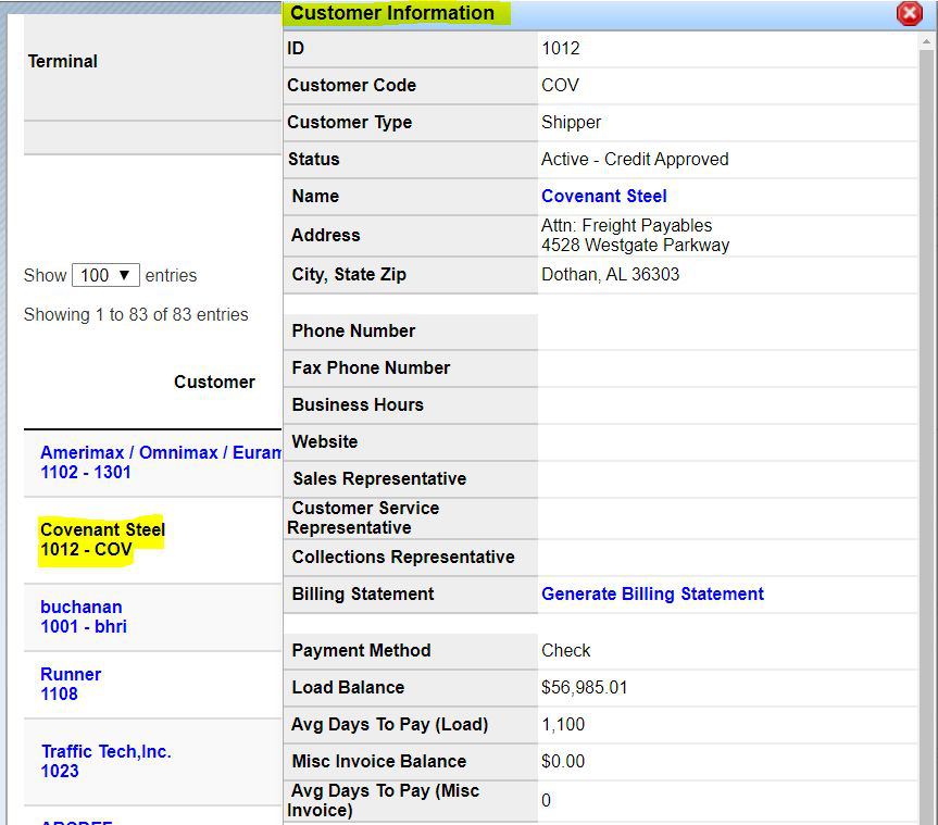 Customer Information window opened from the AR Aging Report showing customer details and Generate Billing Statement.