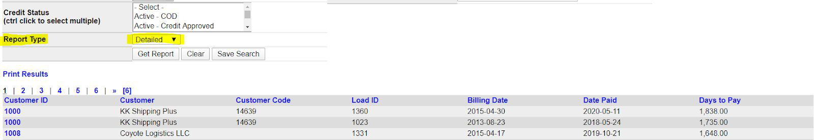 AR Days to Pay Report with Report Type set to Detailed, listing load ID, billing date, date paid, and days to pay.
