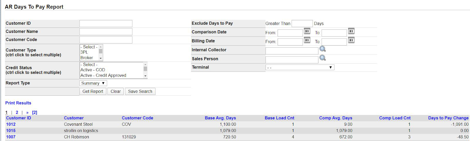 AR Days to Pay Report in Summary mode with filters and results for base and comparison average days to pay.