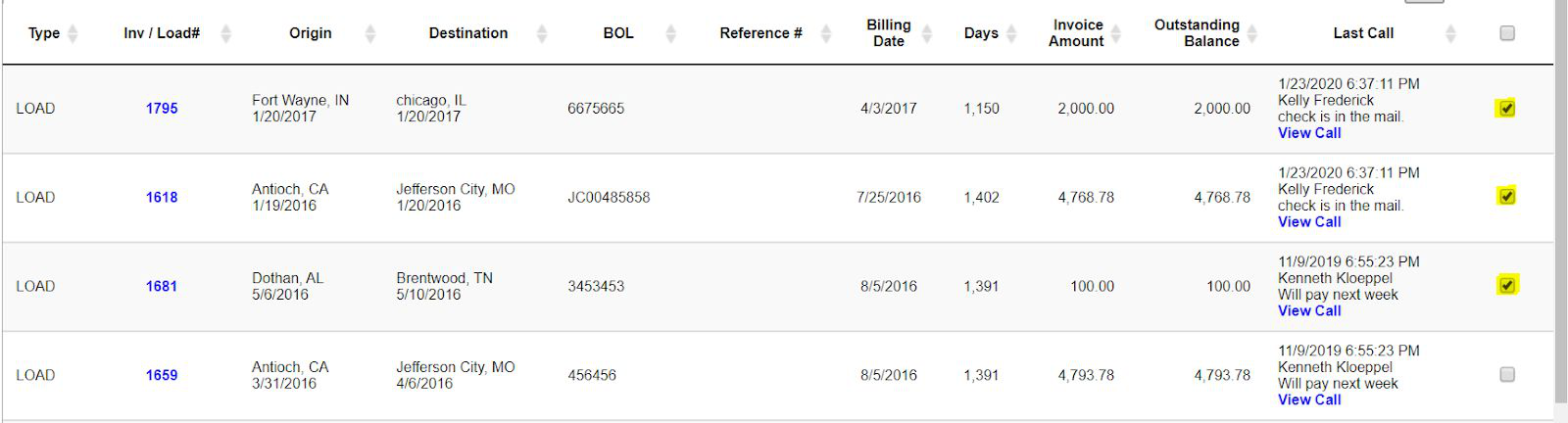 AR Detail load list with checkboxes selected for the loads included in the collections call.