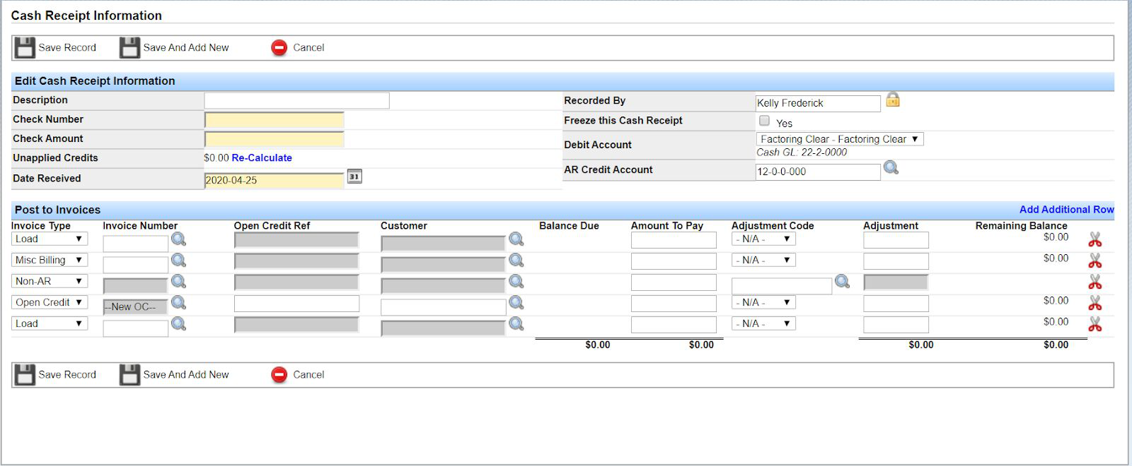 Cash Receipt Information entry screen showing Edit Cash Receipt Information and Post to Invoices sections.