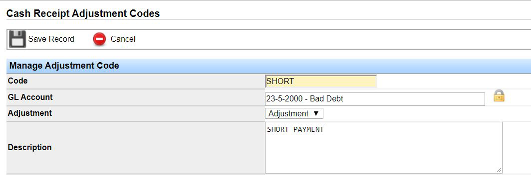 Cash Receipt Adjustment Codes form with Code, GL Account, Adjustment type, and Description fields.