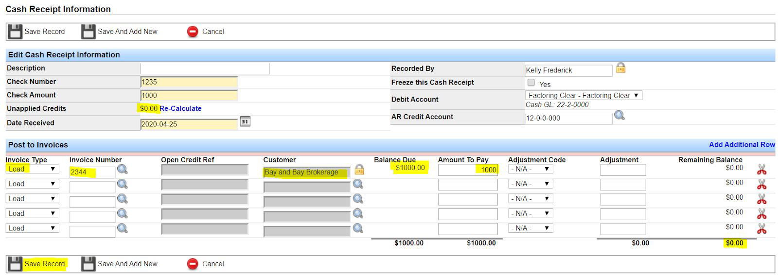 Cash receipt with payment fully applied against a load, remaining balance zero.