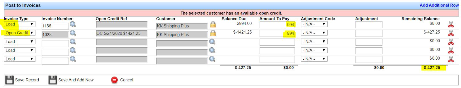 Cash receipt line applying a previously recorded open credit.