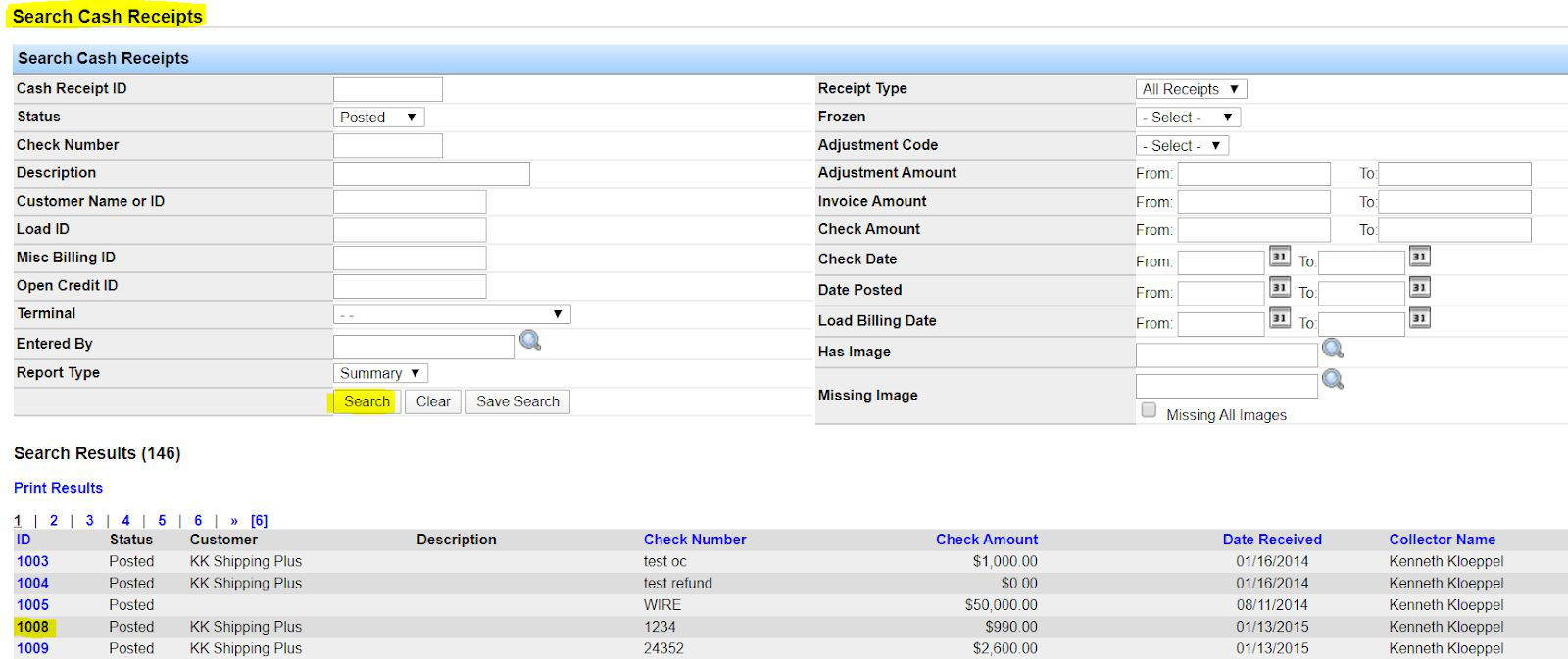 Cash Receipt Summary screen for a posted cash receipt.