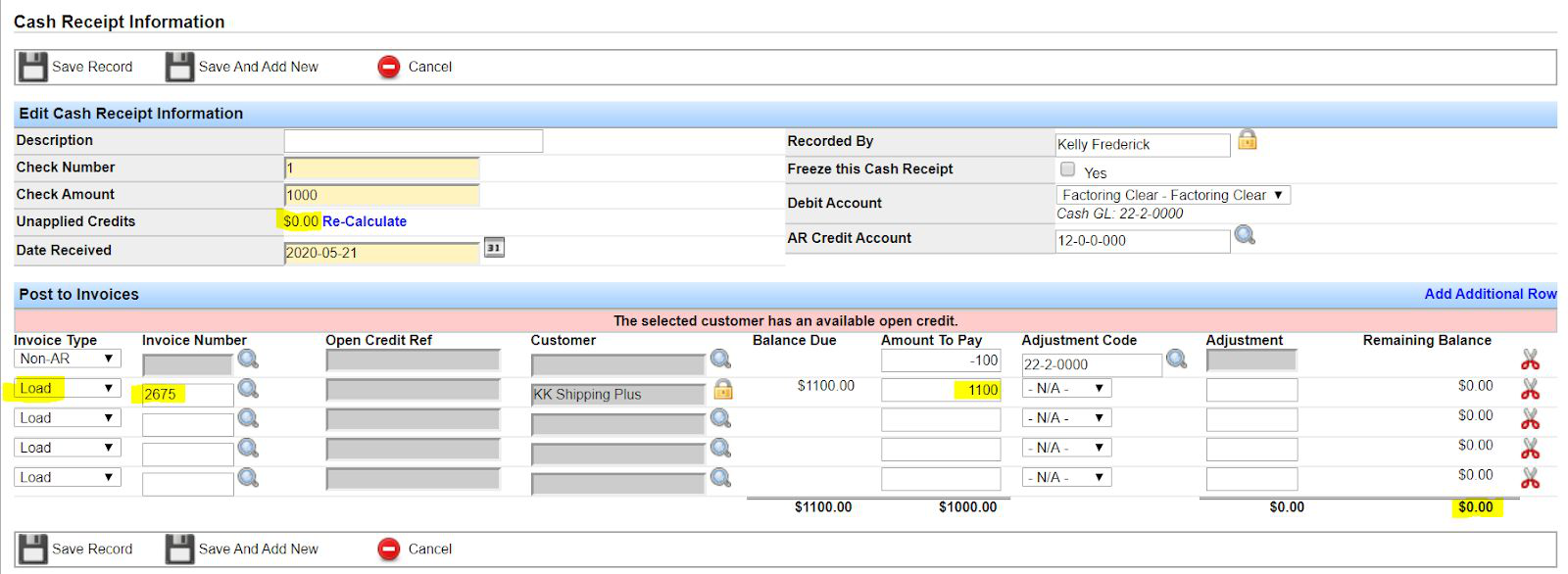 Cash receipt applying factoring gross amount against loads after fee line.