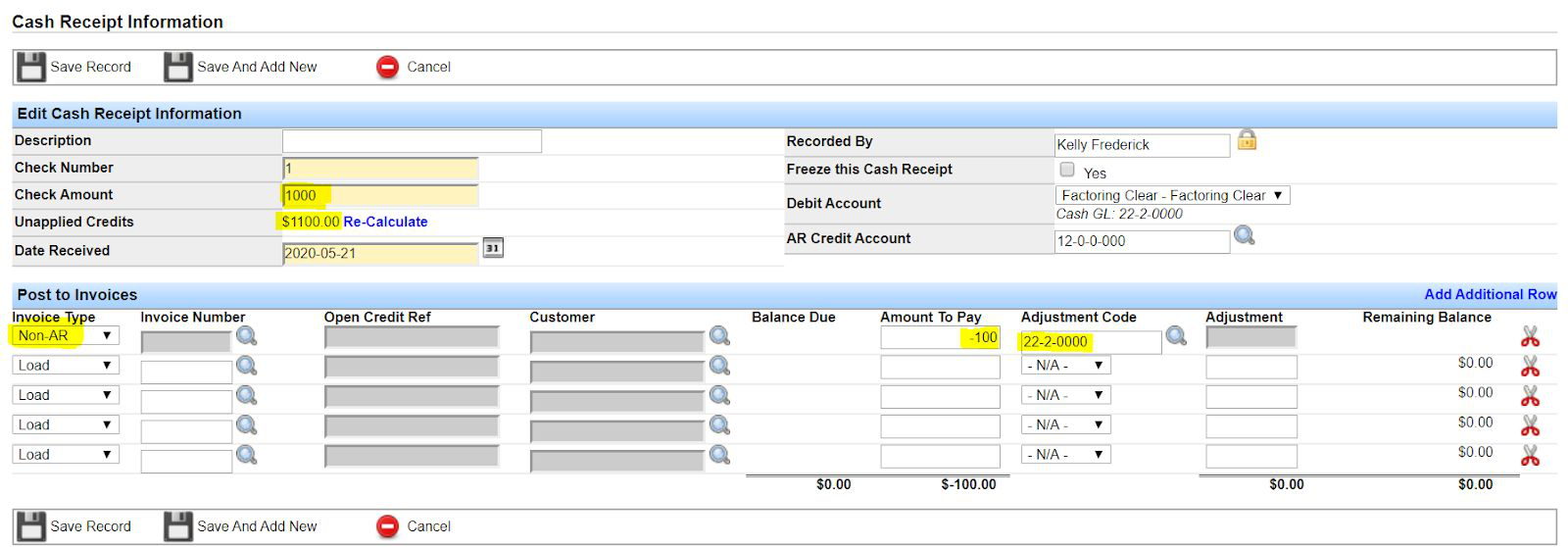 Cash receipt setup for factoring: net deposit with negative Non-AR line for fees.