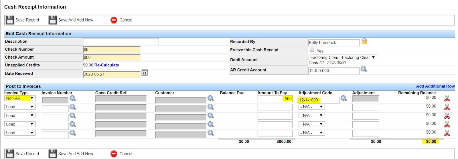 Cash receipt with Non-AR invoice type applying payment directly to a GL account.
