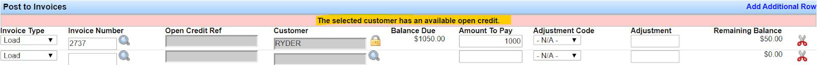 Post to Invoices table showing alert that the selected customer has an available open credit.