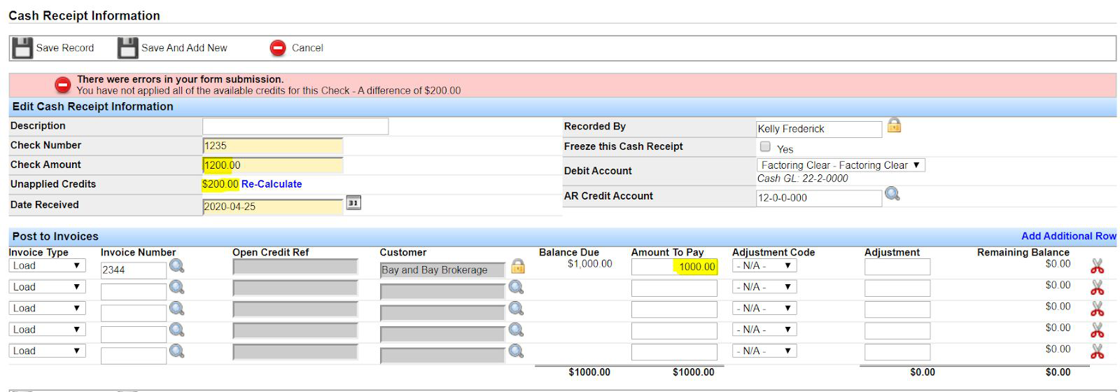 Cash receipt showing check amount exceeding load balance with unapplied credits remaining.