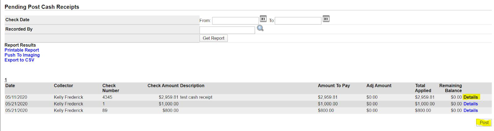 Post Pending Cash Receipts screen with Post action.