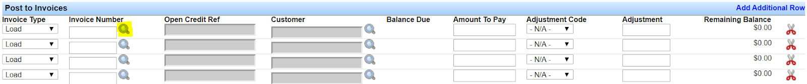 Post to Invoices table with Invoice Type dropdown and magnifying glass to search invoices.