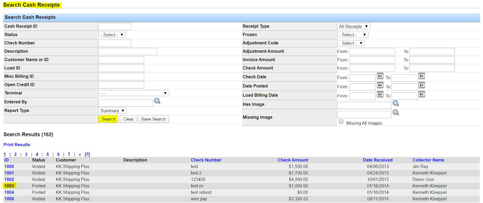 Search Cash Receipts screen with filter options and results.