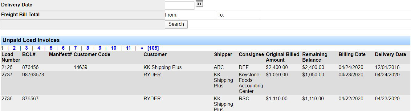 Search Invoices results list of open invoices.