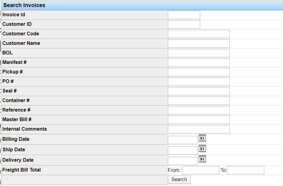 Search Invoices window with filters for invoice ID, customer, dates, and other load references.