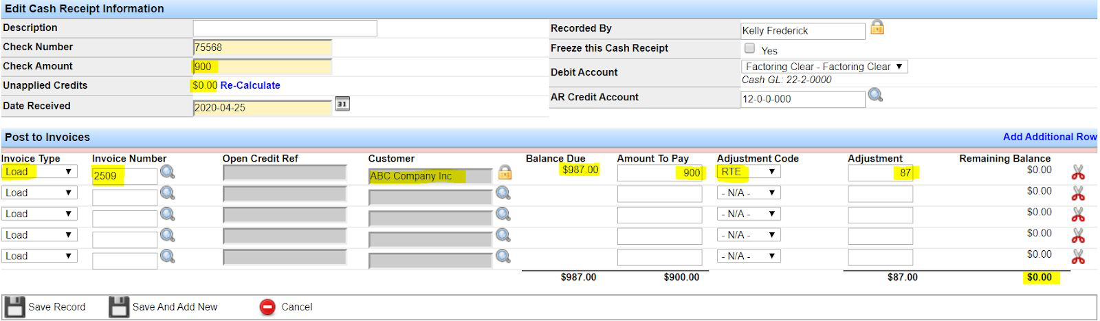 Short payment with adjustment code selected before writing off remaining balance.