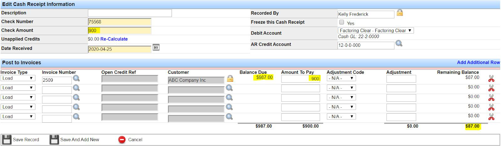 Cash receipt showing a short payment with remaining balance left on the load.