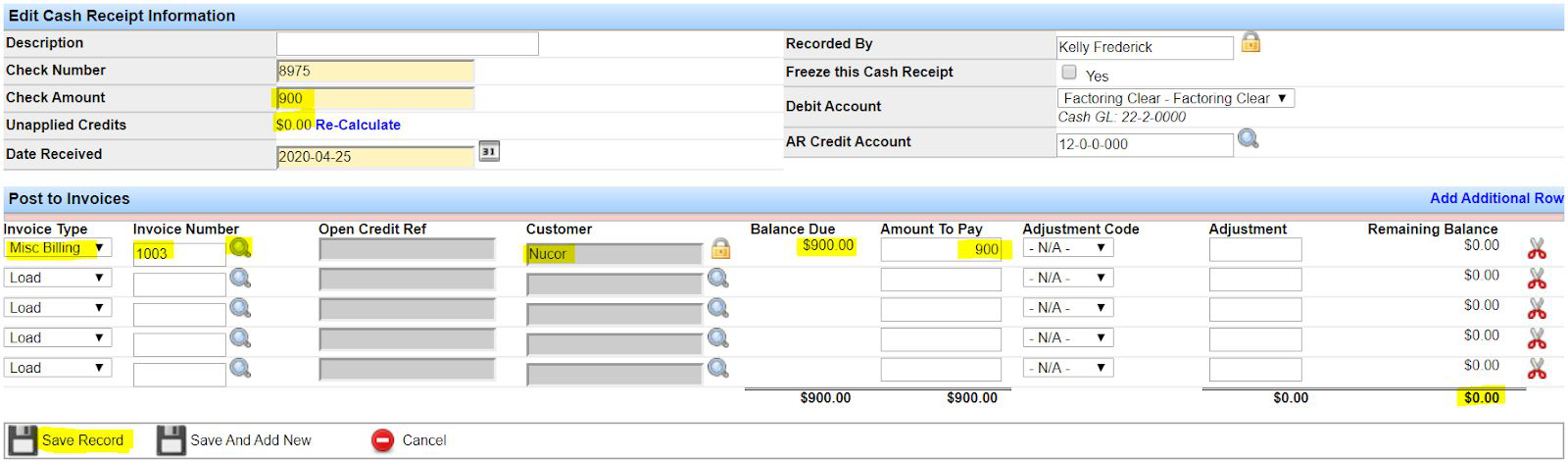 Cash receipt after writing off remaining short payment balance with an adjustment code.