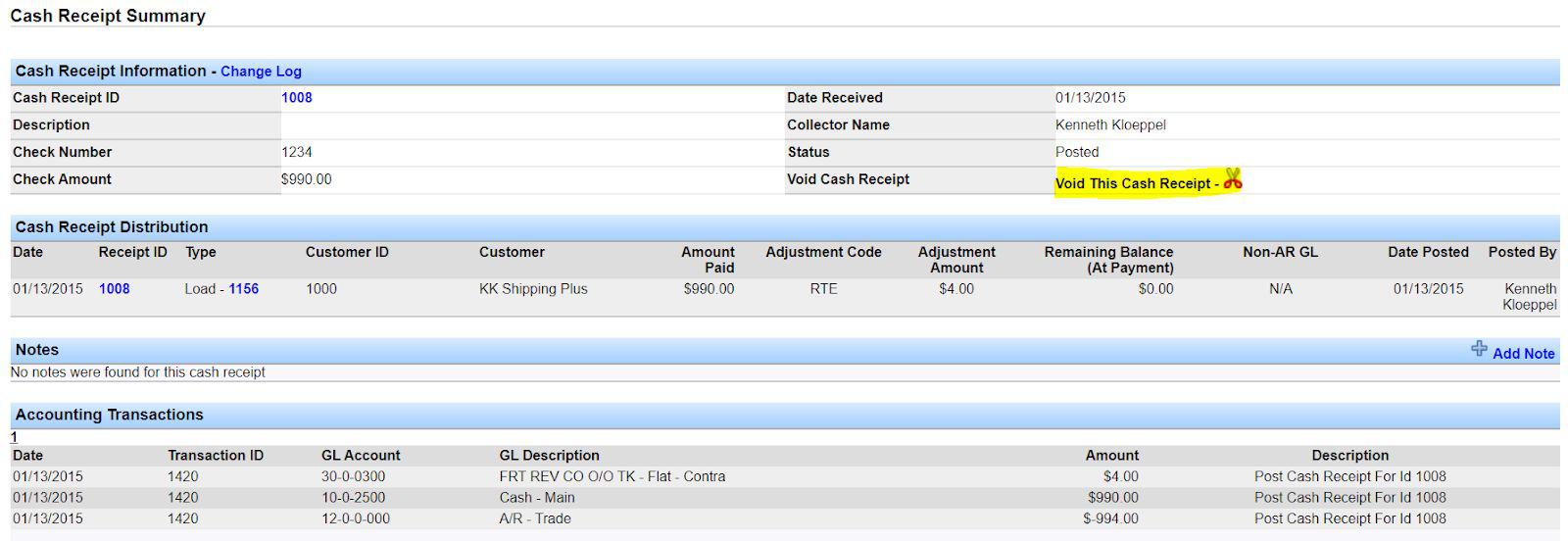 Void This Cash Receipt link on the Cash Receipt Summary screen.