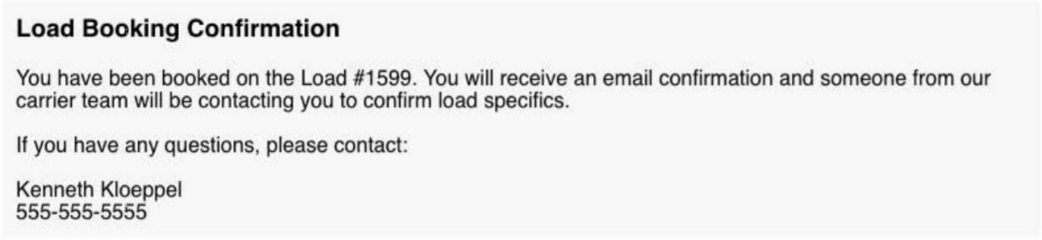 Load booking confirmation received by the carrier after booking the load.