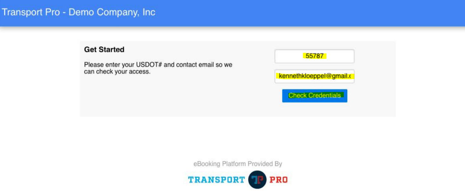 Book Now screen prompting the carrier for DOT number and email with a Check Credentials button.