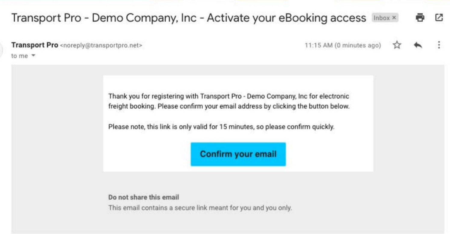 Confirmation email with a Confirm Your Email button sent to the carrier.