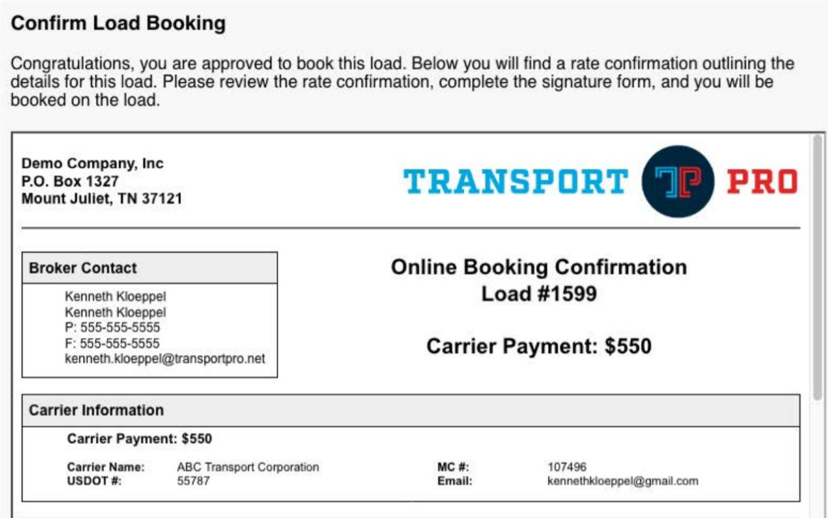Load details screen presented to the carrier with a signature form to book the load.