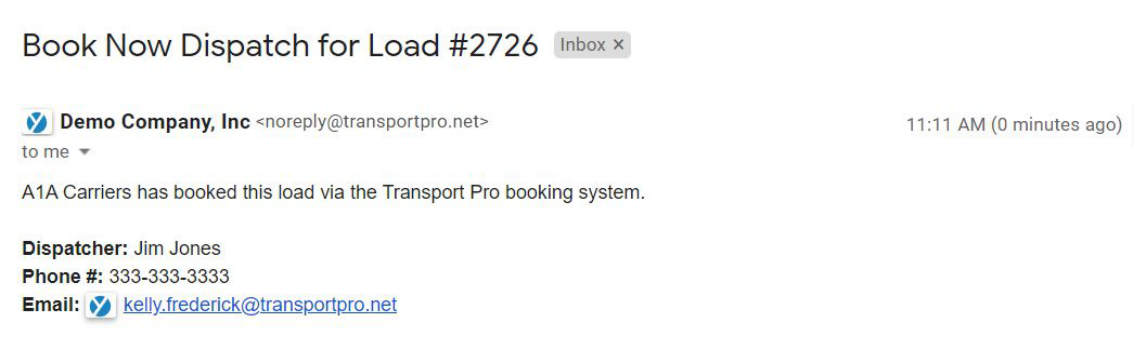 Email notification sent to the order taker when a carrier books a load via Book Now.