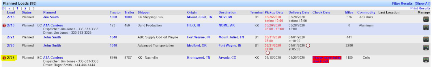 Planned Loads section of the Freight Operations Dashboard showing the e-booking icon beside a load ID.