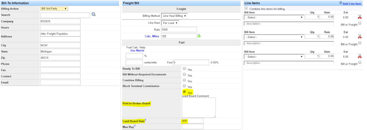 Load entry screen with Post to Broker Board checked and Load Board Rate entered.