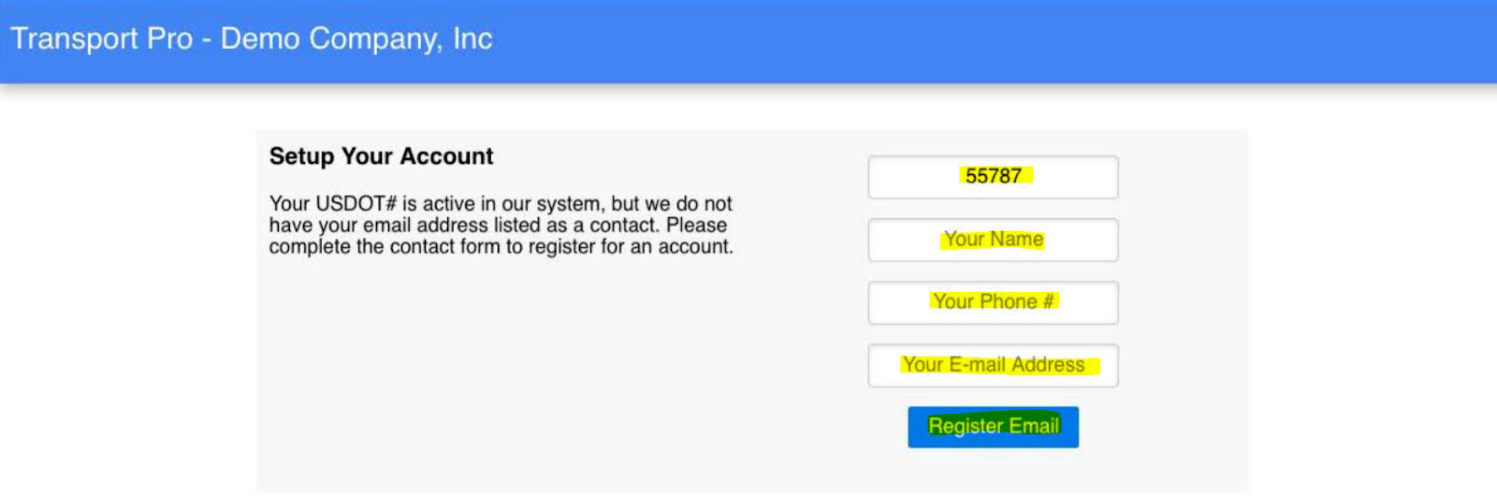 Register Email form prompting the carrier for additional information to verify their email.
