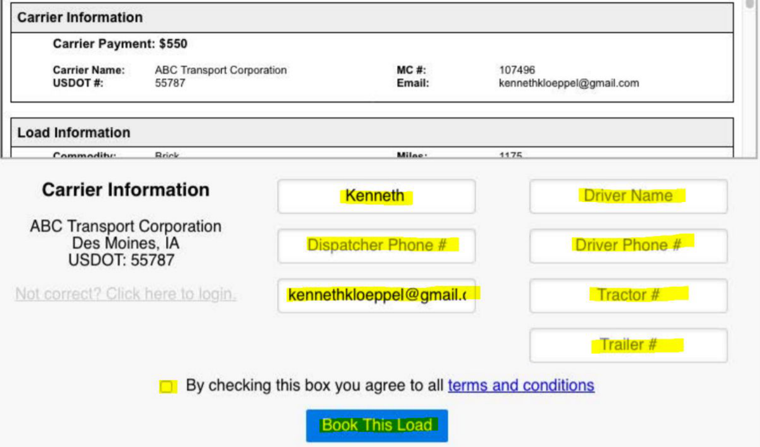 Signature form with terms and conditions checkbox and Book this Load button.