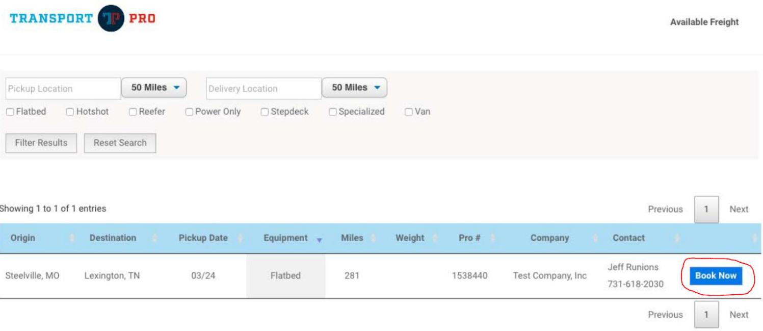 Available Loads board on a company website with a Book Now button beside a load.