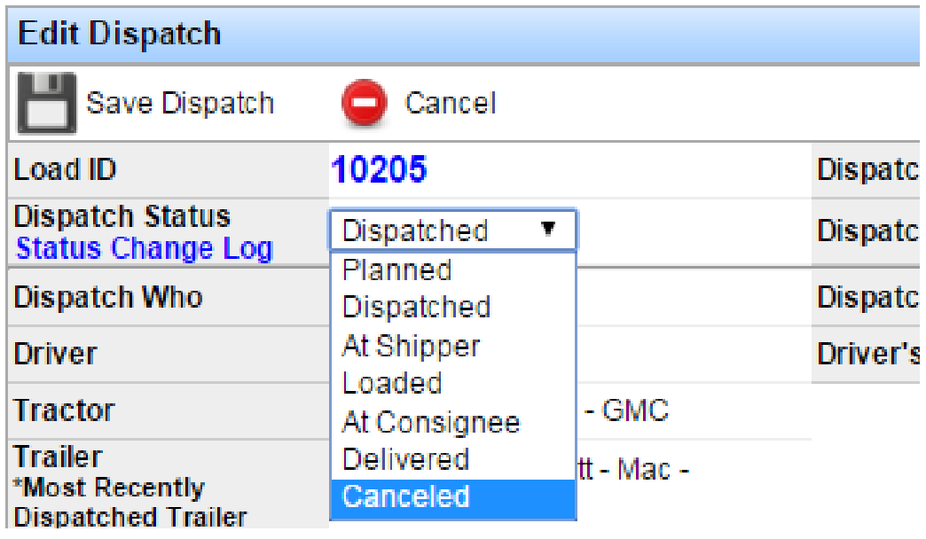 Edit Dispatch window with Dispatch Status set to Canceled.