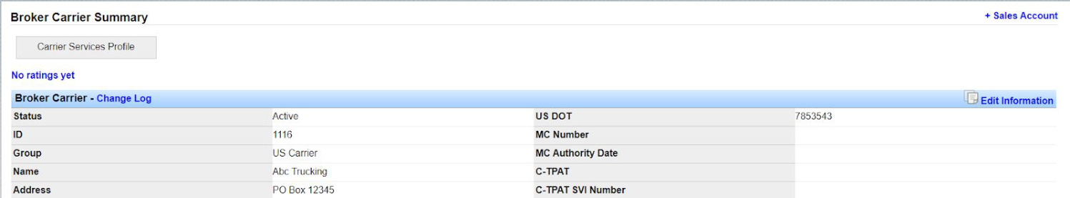 Broker Carrier Summary screen for a newly onboarded carrier with an Active status.