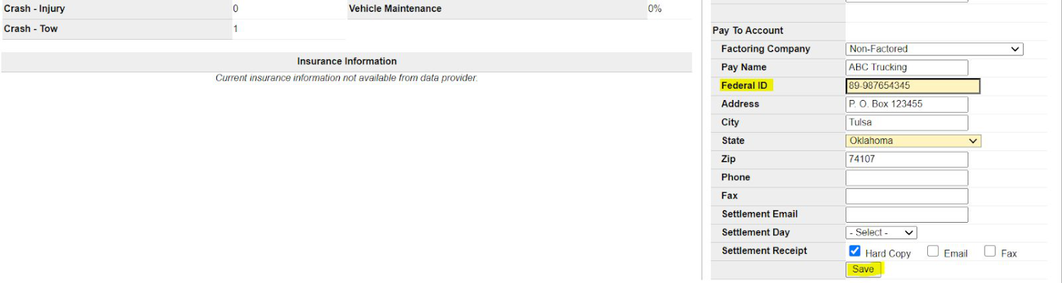 Onboarding prompt with a Federal ID field and Save button.