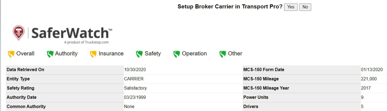 Prompt showing carrier information pulled from the integrated service with Yes and No options to add the carrier.