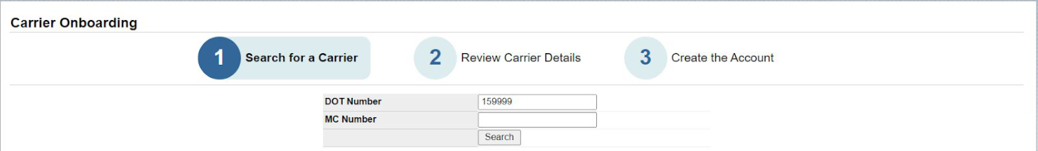 Carrier Onboarding screen with a field to enter a carrier's DOT or MC number and a Search button.