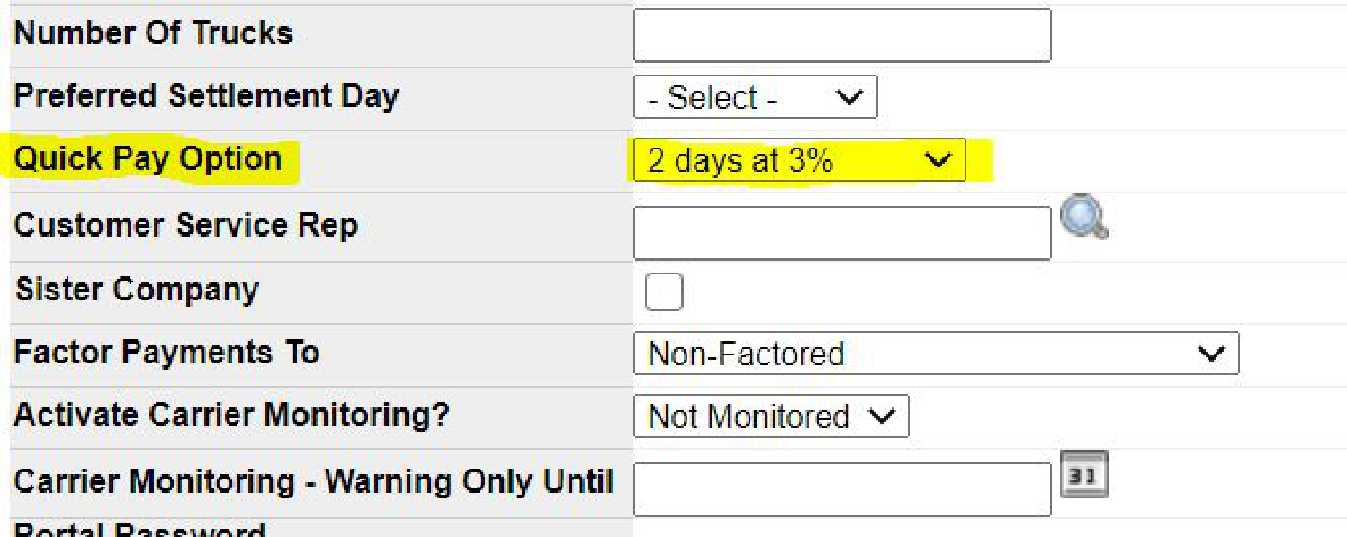 Quick Pay Option field on the carrier record used to default a quick pay option.