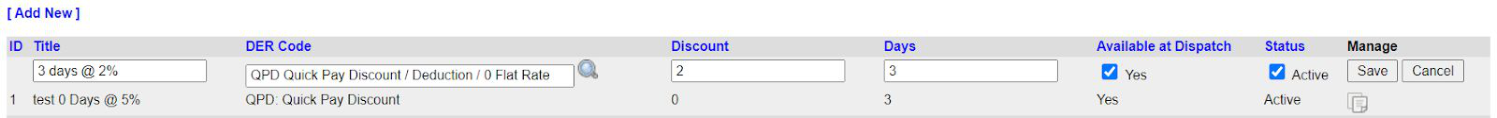 New quick pay option entry row with ID Title, DER Code, Discount, Days, Available at Dispatch, and Status fields.