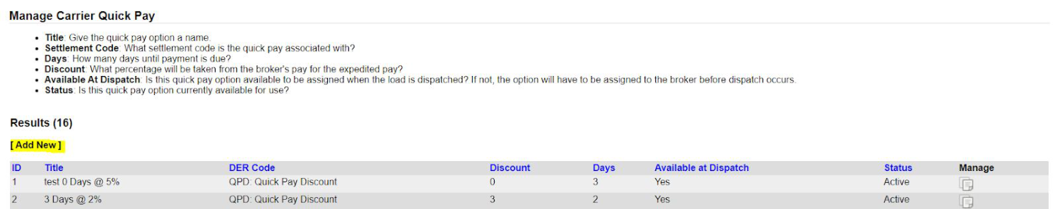 Manage Carrier Quick Pay screen with Add New link to create a quick pay option.