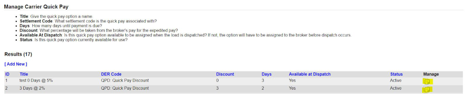 List of carrier quick pay options with a Manage icon to edit or inactivate each one.